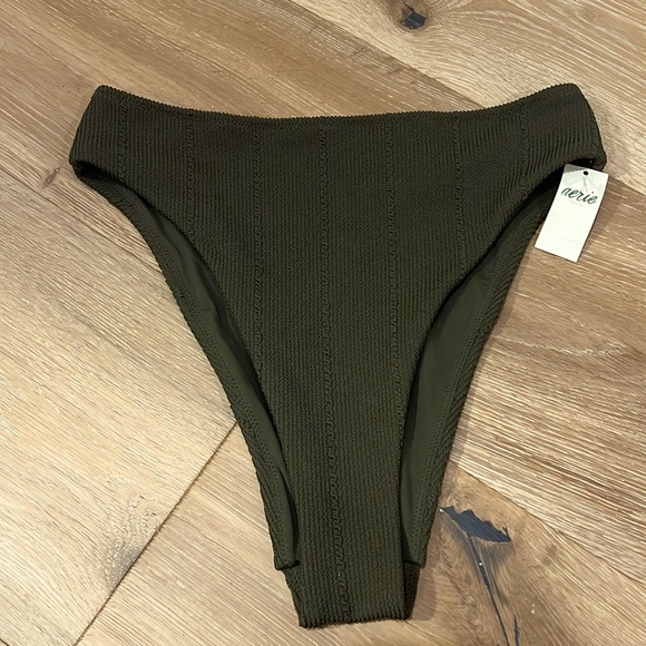 aerie Swim Nwt Aerie High Cut Cheeky Green Ribbed Bikini Bottom